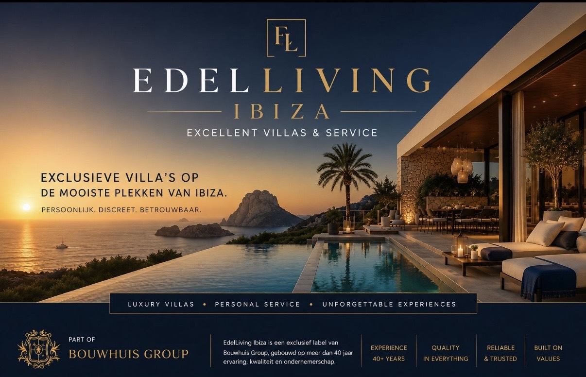 Edel Living Ibiza: villa met zwembad aan zee bij zonsondergang, met logo en merkpresentatie.