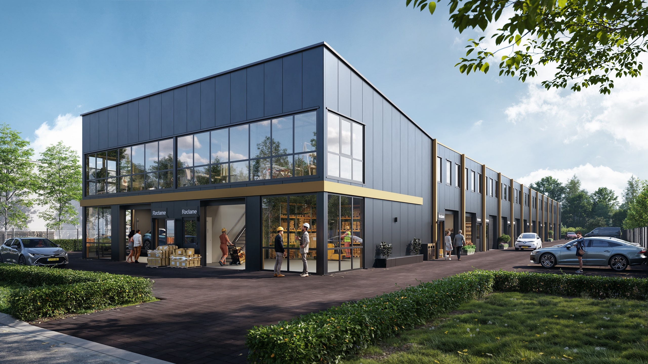 Architectuurimpressie van bedrijfsunits van Edelbox Business in Wageningen.