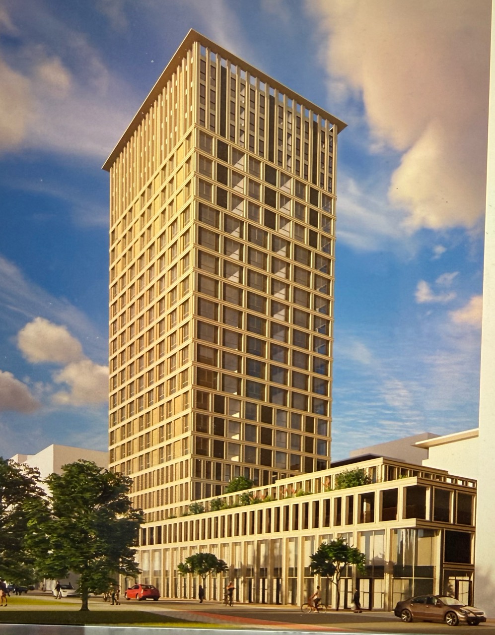 Architectuurimpressie van een Edelwonen-toren in Maarssen, met een lagere plint en groen op het terras.
