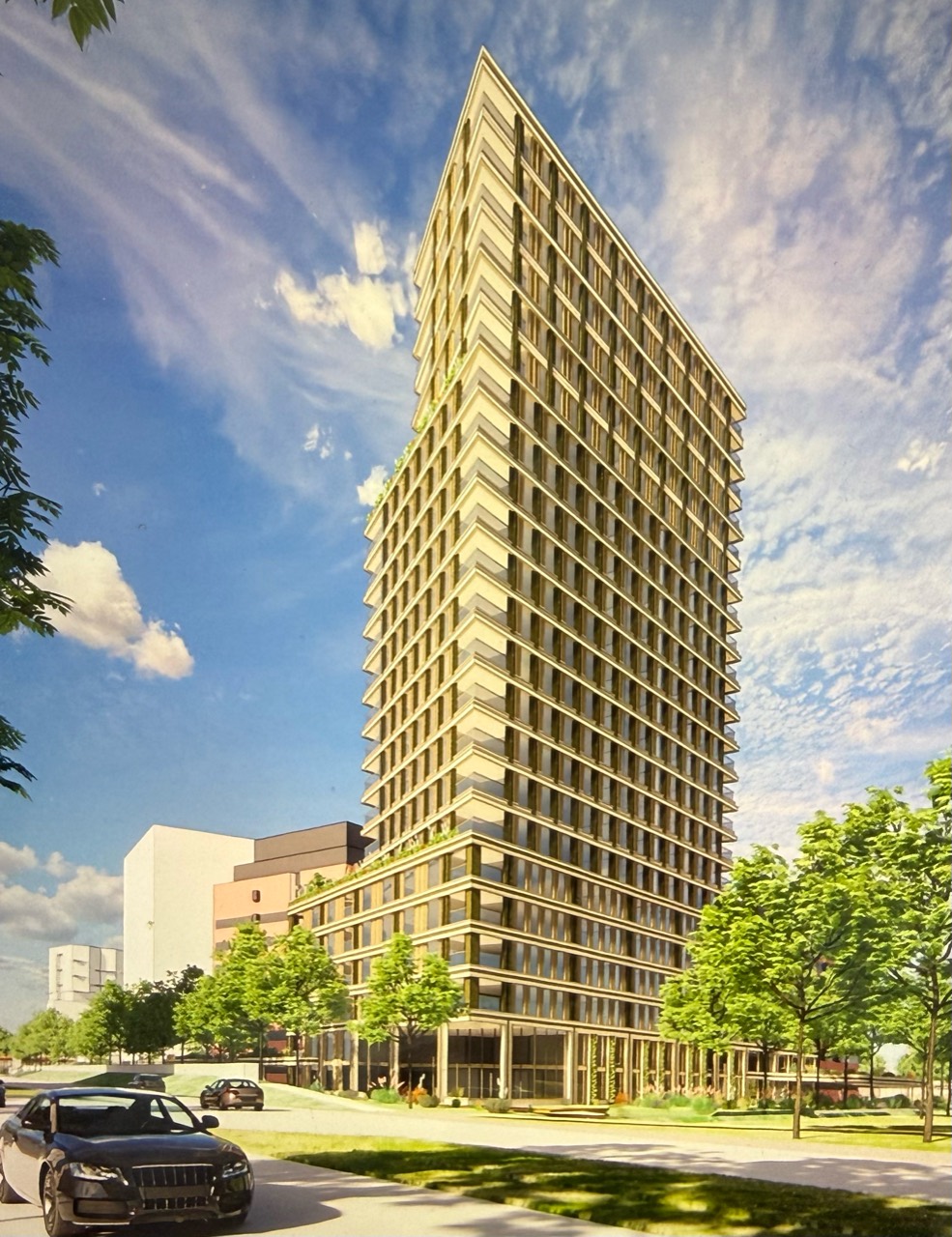Architectuurimpressie van een Edelwonen-toren in Rijswijk, met een goudkleurig gevelritme.